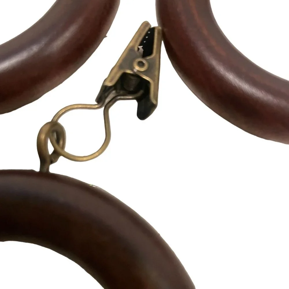 Vintage MCM Large Round Wooden Curtain Rod Drapery Rings Eye Hooks Lot of 13